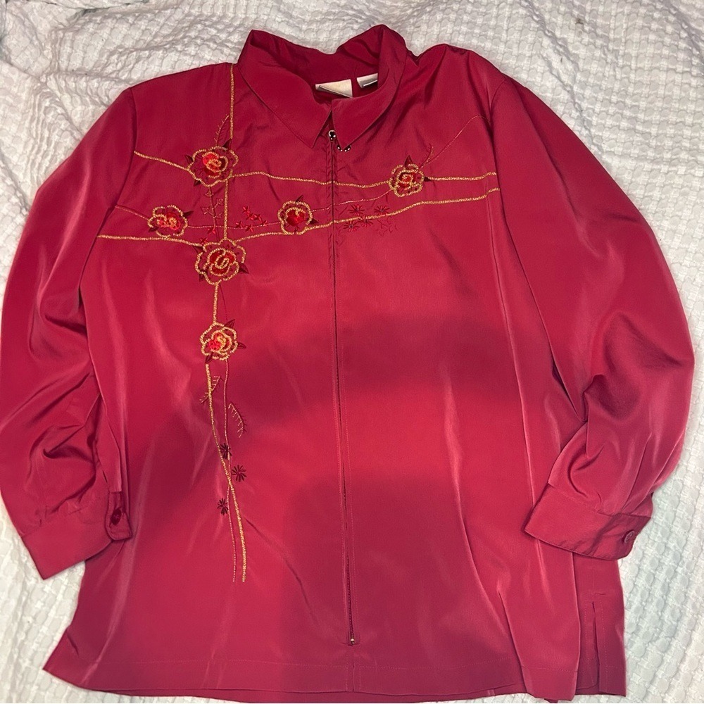 Blair Boutique Red Floral Embroidered Zip Blouse Jacket | Sizeā XL - Picture 3 of 10